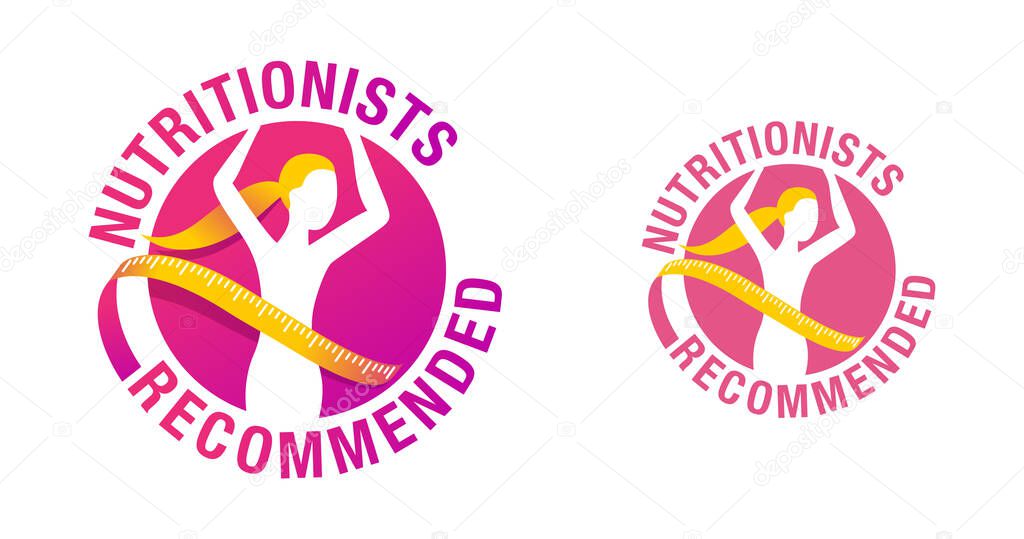 Nutritionists recommended emblem -  Weight loss diet food logo (isolated button) - abstract woman silhouette with measuring tape