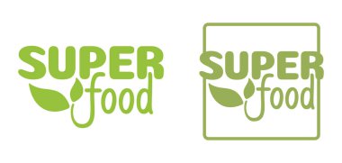 Olağanüstü bir besin yoğunluğu olan yiyecekler için süper gıda etiketi. Çizilmiş yaprakları olan kaligrafik kalın metin