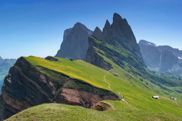 Majestátní Horská Scenérie Seceda Dolomity Itálie Kvetoucí Jarní Horské Svahy — Stock fotografie