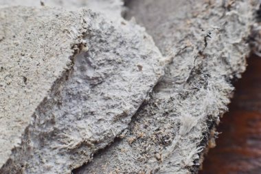 Çatıdaki malzemelerin asbest lifleriyle detaylı fotoğraflanması. Sağlık zararlı ve zararlı etkiler. Mikroskobik liflerin uzun süre solunması akciğer kanseri de dahil olmak üzere ölümcül hastalıklara yol açar.. 
