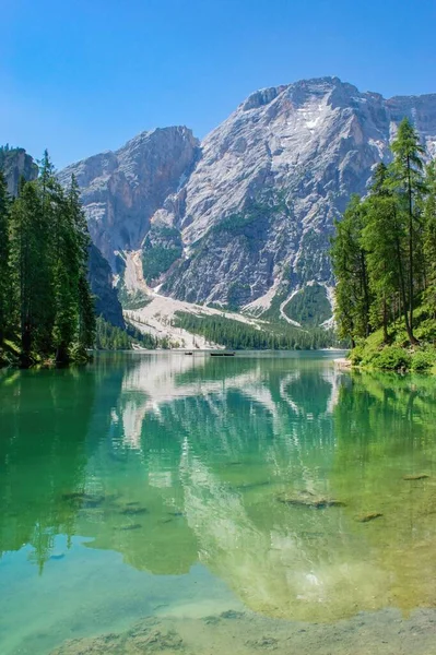 Beautiful Alpine Scenery Lago Braies Pragser Wildsee Dolomites Italy — Stock Photo, Image