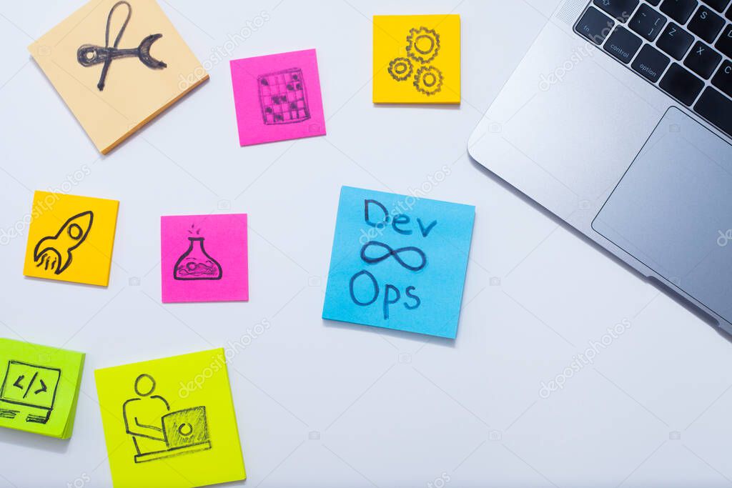 Devops concept. Developers and operations words and symbols, laptop on the white background. Space for your text.