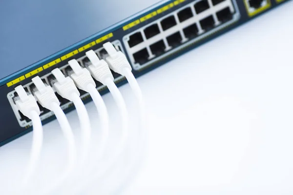 Conceito Rede Corporativa Conjunto Interruptores Ethernet Pontos Acesso Cabos Conectores — Fotografia de Stock