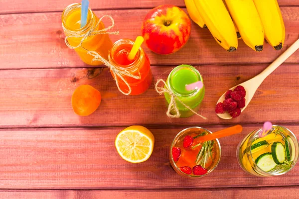 Fresh Detox Juices Glass Bottles Wooden Background Fruits Berries Lifestyle — Stock Photo, Image