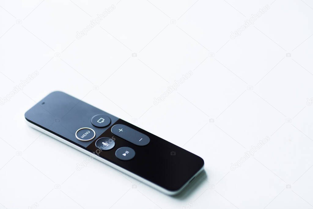 Remote control devices concept. Set of controller and micro console for TV watching and online streaming. Top view. Space for a text. Close up.