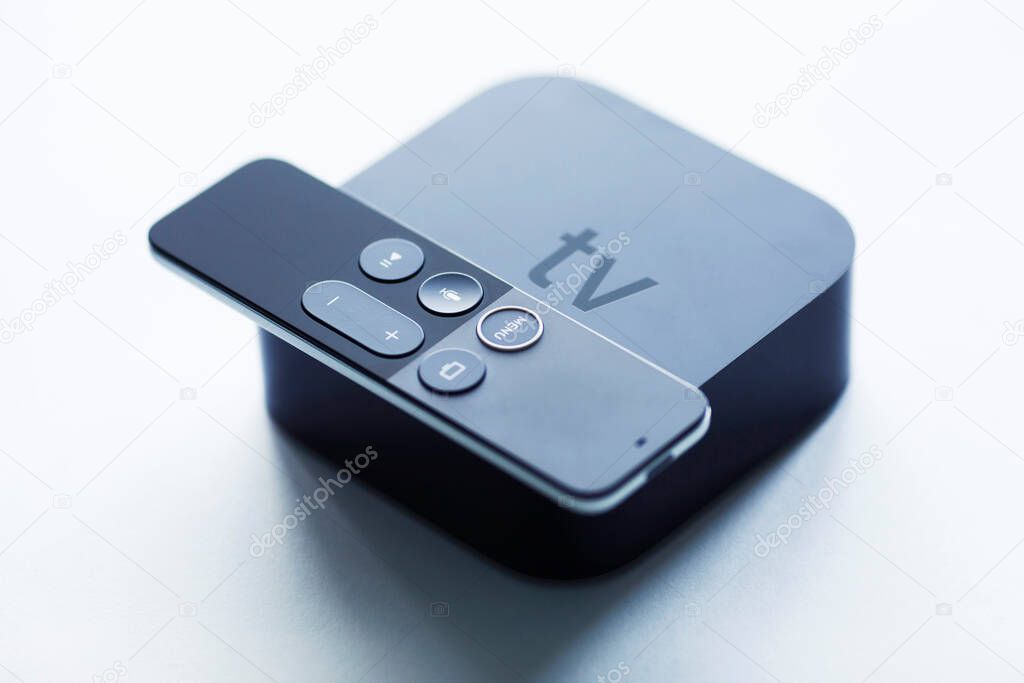 Remote control devices concept. Set of controller and micro console for TV watching and online streaming. Top view. Space for a text. Close up.