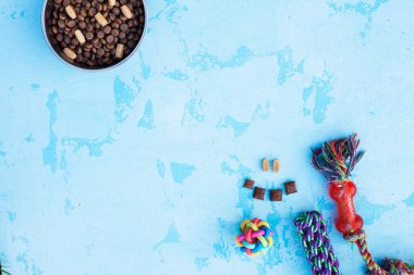 Hayvan bakımı, oyun ve eğitim konsepti. Oyuncaklar, aksesuarlar ve mavi arka planda kuru köpek maması. Üst Manzara. Metin için boşluk.