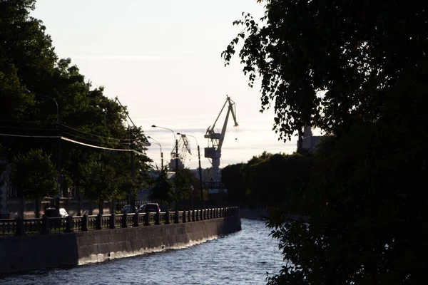 View River Embankment September Evening Crane Silhouettes Background — Stock Photo, Image