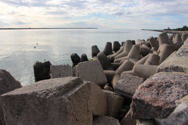 Rıhtımdaki dalgakıranlara yakın çekim. Baltık Denizi
