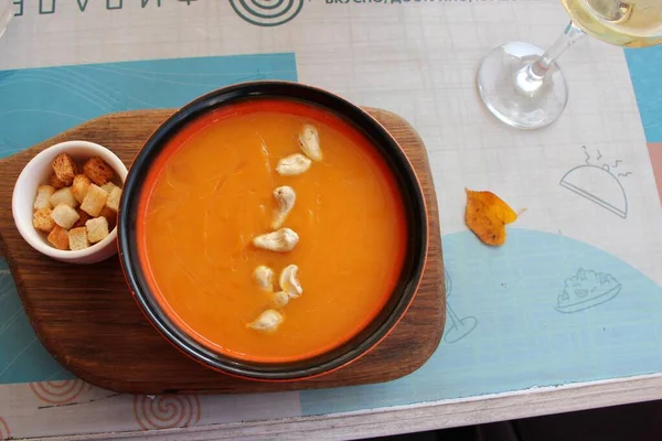 Sopa Abóbora Com Castanha Caju Croutons — Fotografia de Stock