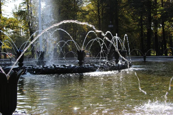 Nahaufnahme Eines Fragments Eines Springbrunnens Spritzer Und Wassertropfen Vor Dem — Stockfoto