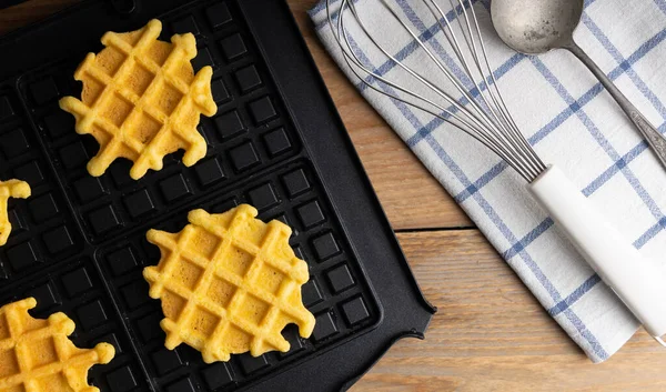 Homemade Belgian Waffles Wooden Kitchen Table — Stock Photo, Image