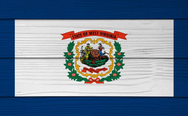 West Virginia flag color painted on Fiber cement sheet wall background. A pure white field bordered on four sides by a stripe of blue with the coat of arms of West Virginia in the center. The state of America.