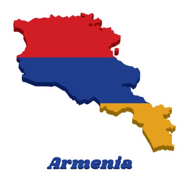 3 boyutlu Ermenistan haritası ve bayrağı, kırmızı, mavi ve turuncu yatay üç renkli. Ermenistan metni ile.