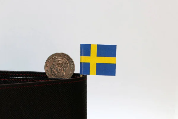 Uma Moeda Dinheiro Coroa Sueca Uma Mini Bandeira Suécia Colam — Fotografia de Stock