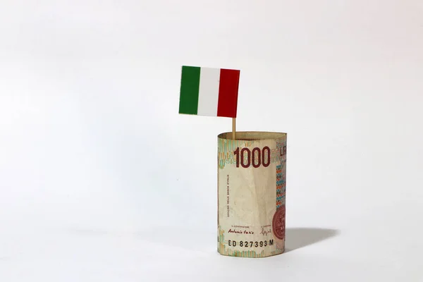 Hengerelt Bankjegy Pénz Ezer Líra Olaszország Ragaszkodni Mini Italia Nemzeti — Stock Fotó