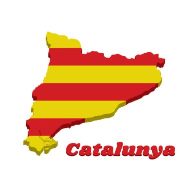3D harita ana hatları ve Katalonya bayrağı, altın arkaplanda kırmızı şerit. metin ile Katalunya.