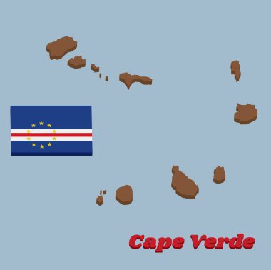 Cape Verde 'nin 3D haritası ve bayrağı, mavi beyaz ve kırmızı çizgili yatay şeritler ve on yıldızlı daireler. metin Cape Verde ile.