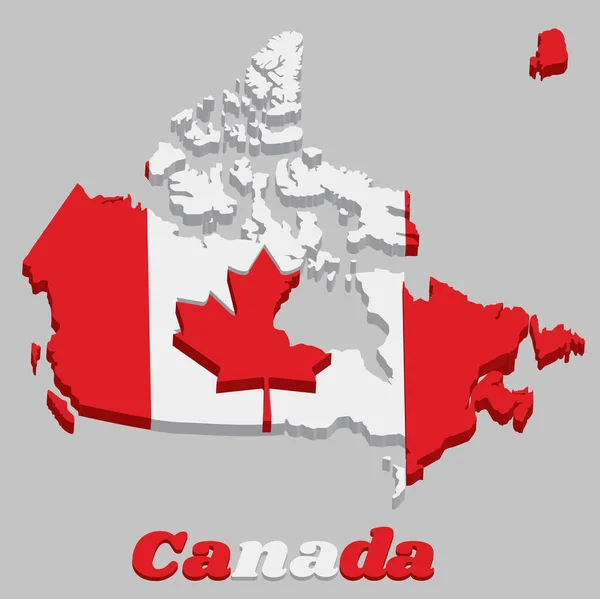 加拿大的3D地图轮廓 一个红白相间的垂直三带 中心为红枫叶 文字为加拿大文 — 图库矢量图片