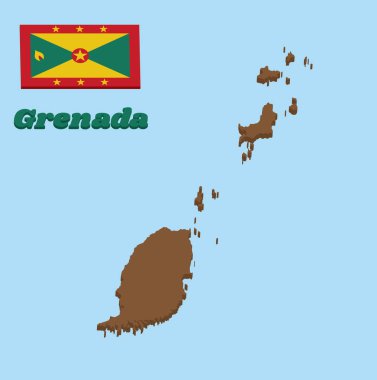 Grenada 'nın 3 boyutlu haritası ve bayrağı. Etrafında altı altın yıldız, dört altın üçgen ve dört yeşil, kırmızı disk ve yıldızlı ve hindistan cevizi kapsüllü büyük kırmızı kenarlı büyük bir dikdörtgen. Grenada ile.