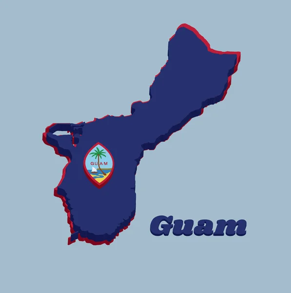 3D地图轮廓和关岛国旗 深蓝色背景 红色边界稀疏 中央有关岛印章 有名称的案文 — 图库矢量图片