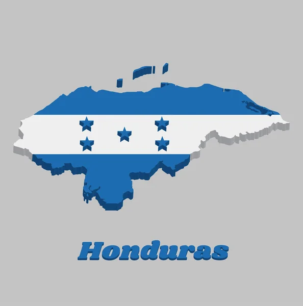 3D地图轮廓和洪都拉斯国旗 一个水平的蓝白相间的三带 五颗蓝星排列成X型 有名称的案文 — 图库矢量图片