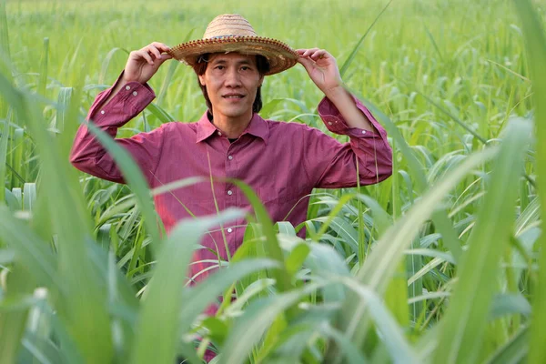 Man Farmer Standing Two Hands His Hat Wearing Red Long — Stock Photo, Image