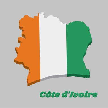 3D Map outline and flag of Ivory Coast  A vertical tricolor of orange white and green. with name text Cote dIvoire. clipart