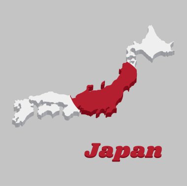 3D Harita ana hatları ve Japonya bayrağı beyaz üzerine kırmızı daire ve isim metni Japonya.