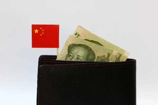 Банкнота Юань Китая Мини Китайский Национальный Флаг Палка Черном Бумажнике — стоковое фото