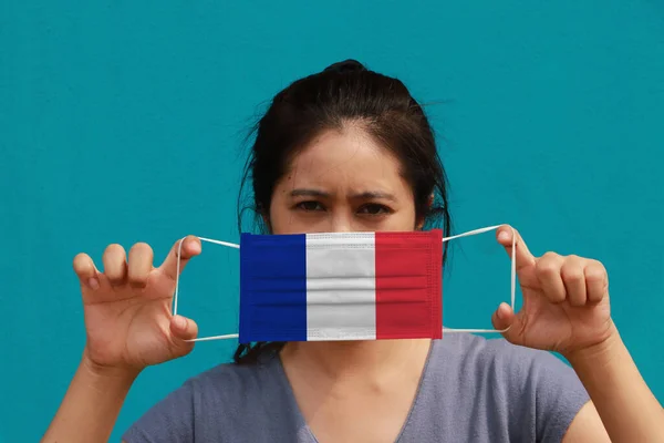 Woman France Flag Hygienic Mask Her Hand Lifted Front Face — Stock Photo, Image