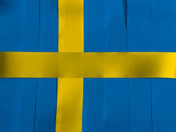 Colorful Ribbon Sweden National Flag Consists Yellow Gold Nordic Cross — Stock Photo, Image