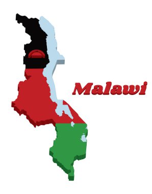 Malawi 'nin 3 boyutlu haritası ve bayrağı, siyah kırmızı ve yeşil üçgen bir banttır; kırmızı yükselen güneş ile şarj edilir. isim metni Malawi ile.