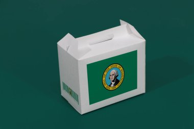 Barkodlu beyaz kutuda Washington bayrağı ve yeşil arka planda eyalet bayrağı. Washington 'dan ihracat ticareti kavramı, ürünler için kağıt ambalajlama.