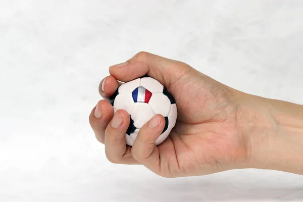 手中拿着迷你足球和足球的一个黑点是白色背景上的法国国旗 体育或手握游戏的概念 — 图库照片