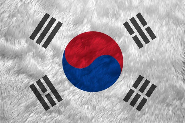韩国的毛绒花纹国旗 韩国国旗底色折皱 泰格克白色和黑色三角形 — 图库照片