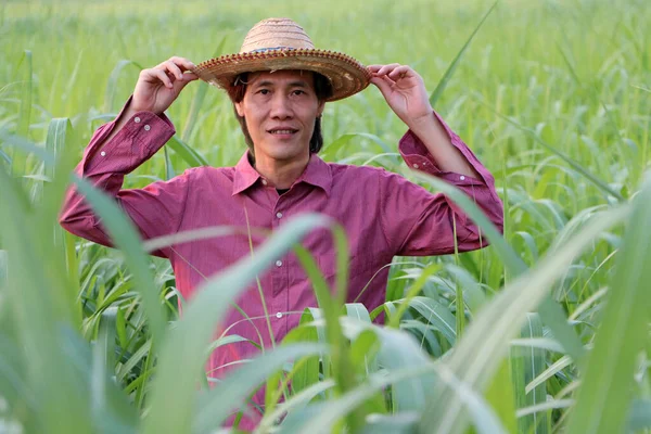 Man Farmer Standing Two Hands His Hat Wearing Red Long — Stock Photo, Image