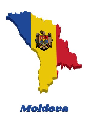 Moldova 'nın 3D haritası ve bayrağı, sarı ve kırmızı renklerden oluşan dikey bir üçlemedir; sarı şeritli Arms Coat ile şarj edilmiştir. isim metni Moldova ile.