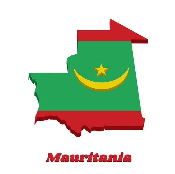 毛里塔尼亚的3D地图轮廓和国旗 两条红色条纹 在绿色田野的两侧 布满金色向上尖的新月形和星形 名名名文 — 图库矢量图片