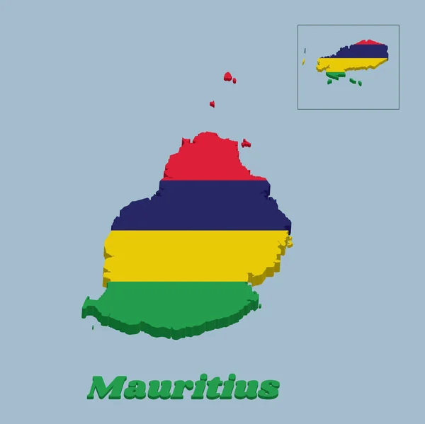 毛里求斯的3D地图轮廓和国旗 四个水平带红色蓝色 黄色和绿色 有名称的案文 — 图库矢量图片