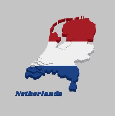Nederland 'in 3 boyutlu haritası ve bayrağı, kırmızı beyaz ve mavinin yatay üç renkli rengidir. isim metni Hollanda ile.