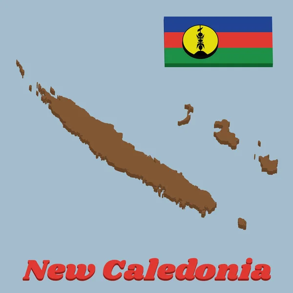 新喀里多尼亚的三维地图轮廓和国旗 是蓝色 红色和绿色的水平三色旗 黄色圆盘 呈纤维状黑色 表面有一个垂直符号 也是黑色 新喀里多尼亚文 — 图库矢量图片