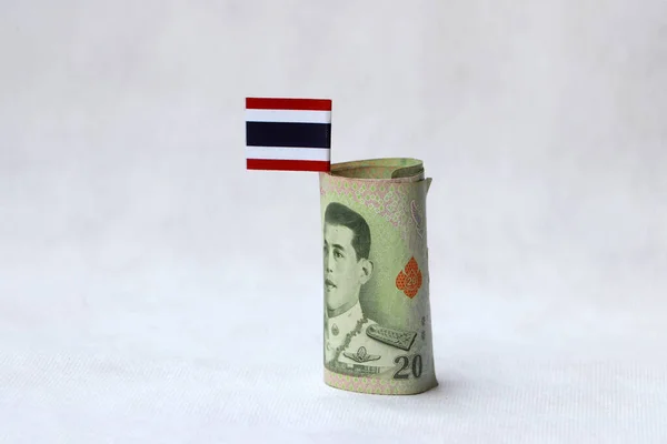 Rolled Twenty Baht Banknote Thailand Mini Thai Flag White Floor — Stock Photo, Image