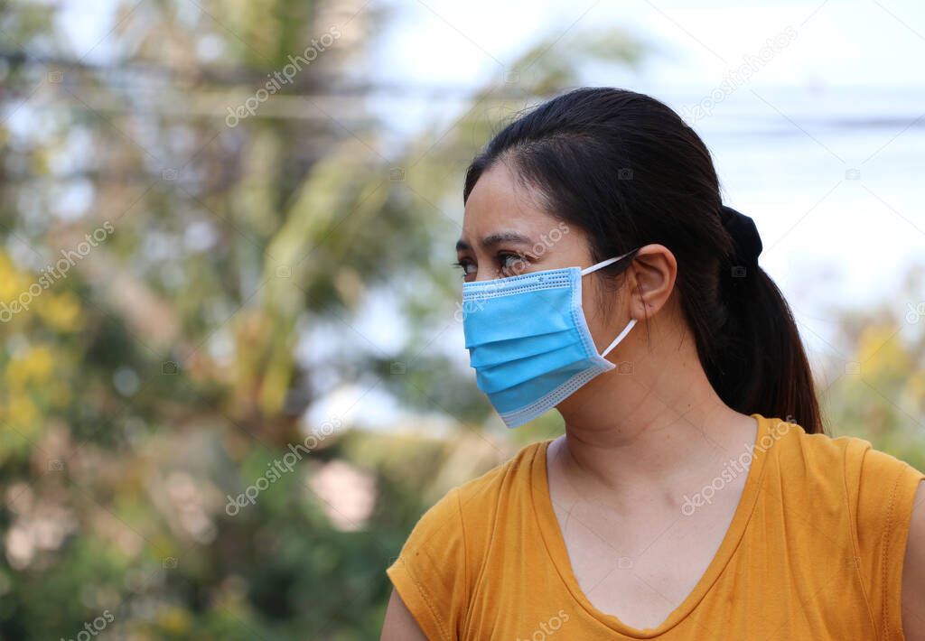 Masked Asian woman prevent germs. Tiny Particle or virus corona or Covid 19 protection. Concept of Combating illness.