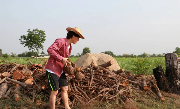 Homme Agriculteur Debout Portant Bois Côté Pile Bois Chauffage Dans — Photo