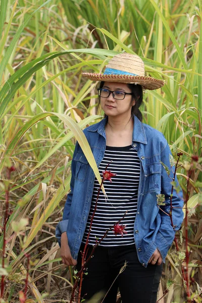 Mujer Agricultora Pie Granja Caña Azúcar Con Sombrero Paja Con —  Fotos de Stock