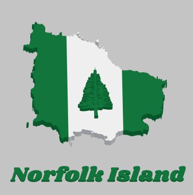 3D Norfolk haritası ve bayrağı. Norfolk Adası Çamı iki yeşil şerit arasında merkezi beyaz bir şerit çiziyor. İsimli metin Norfolk Adası.