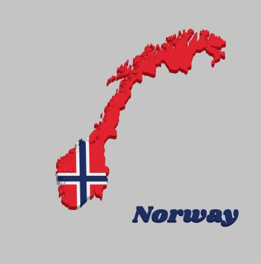 3d Norveç haritası ve bayrağı, kırmızı bir alanda üzerinde Norveç 'in adı yazılı metni bulunan beyaz-yüzgeçli mavi bir İskandinav haçı..