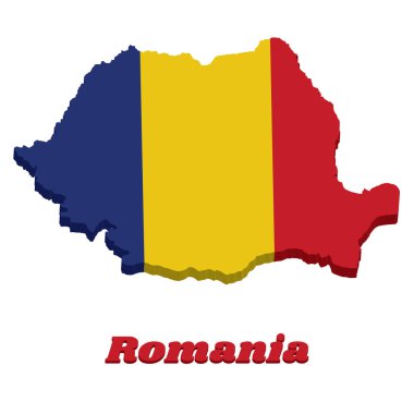 Romanya 'nın 3d haritası ve bayrağı, mavi ve kırmızı üçlemeli isim metniyle Romanya.