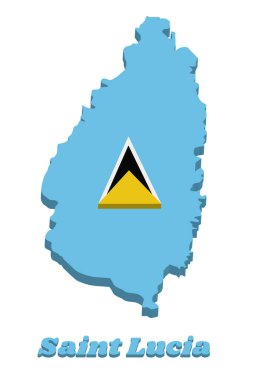 Saint Lucia 'nın 3d haritası ve bayrağı. Ortasında beyaz kenarlı siyah ikizkenar üçgenin arkasındaki küçük altın üçgenli açık mavi bir alan. Saint Lucia isimli metin.